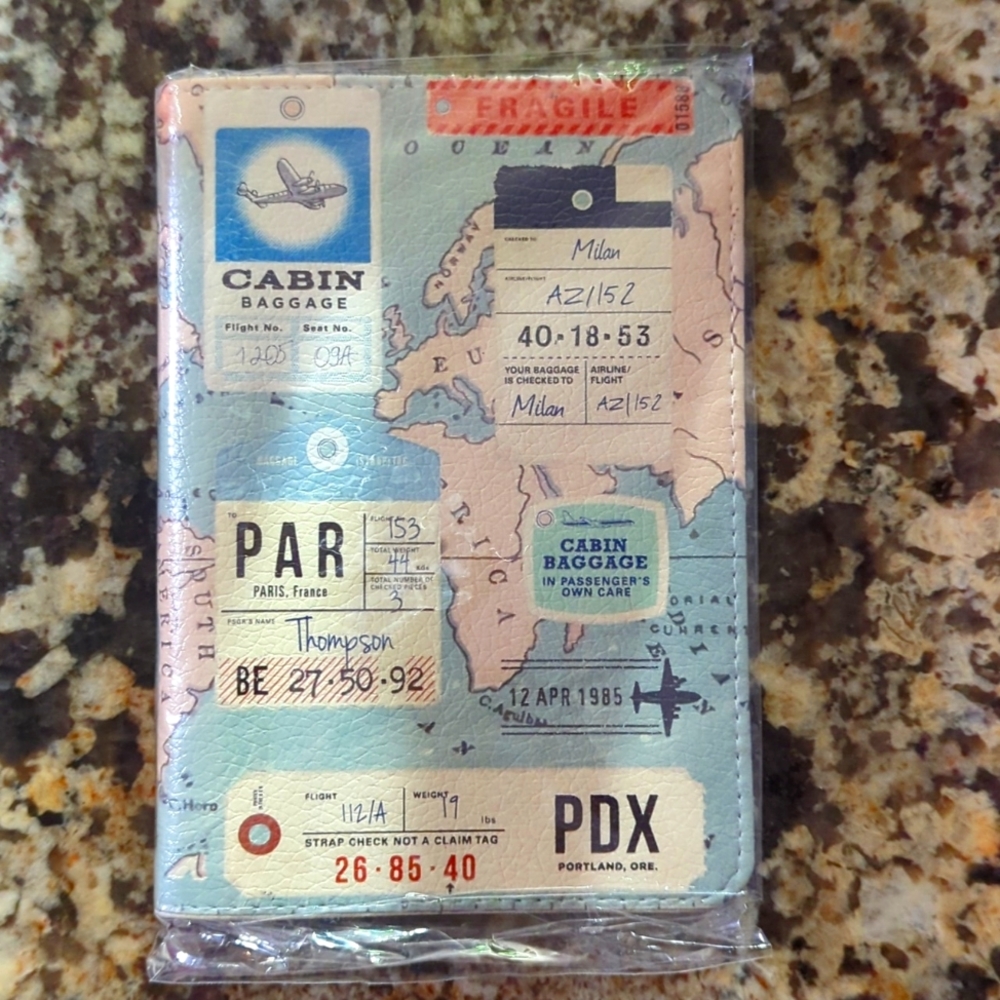 3/$15 Passport Holder with World Map + Passport Stamp design